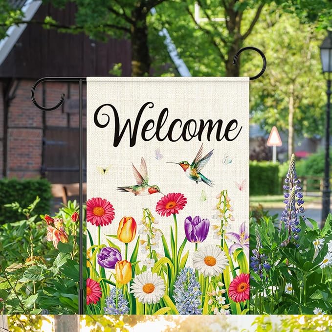 Welcome Flags for Outside,Spring Hummingbird Garden Flag for Yard Patio Lawn Decoration,12x18 Inch Double Sided