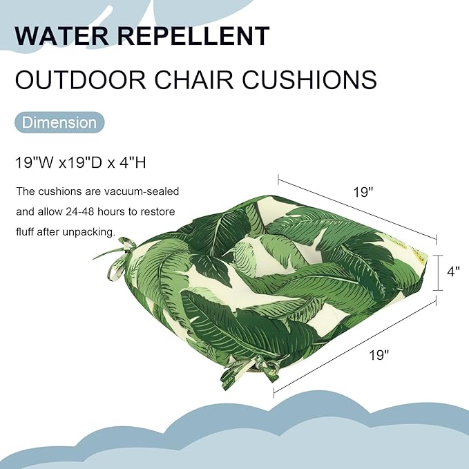 DYTXIII Set of 2 Outdoor Chair Cushions 19"x19"x4", Water Repellent Tufted Patio Seat Cushions with Ties, Thick Replacement Pads for Wicker Dining Chairs, Patio Furniture, Swaying Palms Green