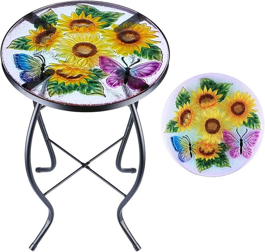 MUMTOP Outdoor Side Table - Patio Table Mosaic Coffee SideTables Glass Accent Table 14’’Round SmallTable Plant Stand for Indoor Garden Balcony (Sunflower)