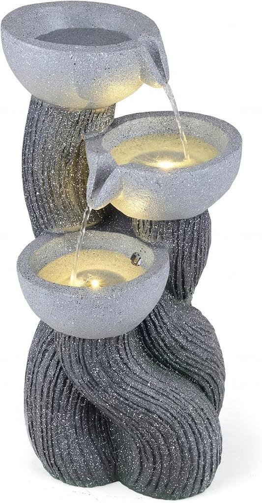 Giantex 3-Tier Outdoor Water Fountain with Lights, 18.5 Inch Cascading Bowls Tabletop Fountain with Pump, Resin Garden Waterfall Feature for Indoor Outdoor Patio, Yard, Porch Decor