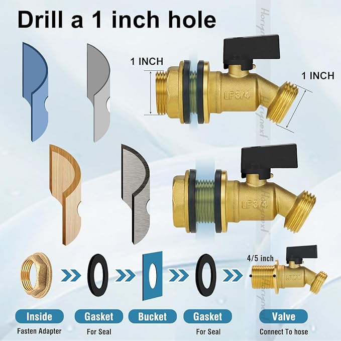 rain barrel spigot kit, 3/4" GHT brass water barrel spigot kit with bulkhead fitting, spigot for rain barrel, 5, 25, 50, 55 gallon barrel bucket hose connector for rain water collection