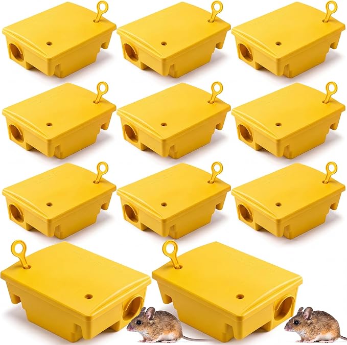 Qualirey 12 Packs Rat Bait Station Box Outdoor Rodent Rat Traps with Key Mouse Bait Station Indoor Mice Box for Outdoor Use Keeping Pets and Children Safe (Yellow)