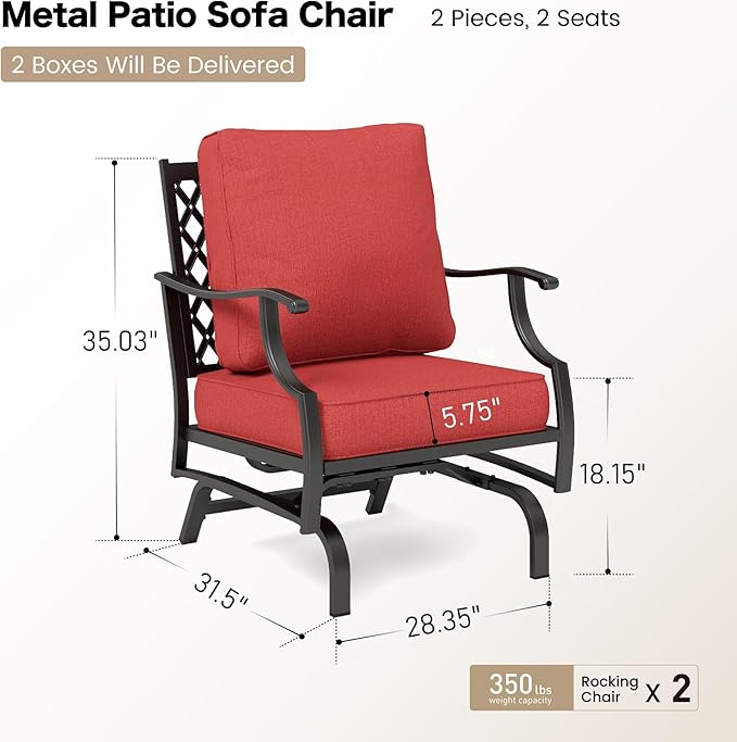 SUNSHINE VALLEY Metal Outdoor Rocker Patio Chairs Set of 2 with 5.75" Extra Thick Cushion, 2 Piece High Back Rocker Patio Chairs All Weather Outdoor Furniture Seating for Deck Balcony Porch, Rust Red