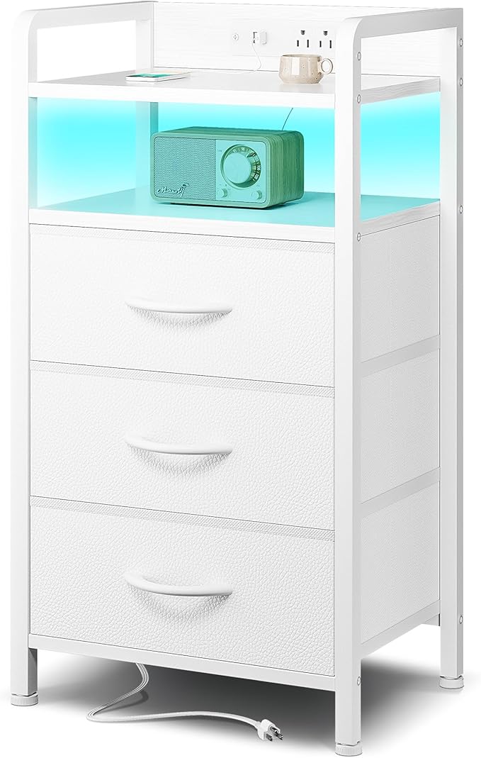 Lazzanto Nightstand with Rear Charging Station, LED Light, 3 Drawers, White