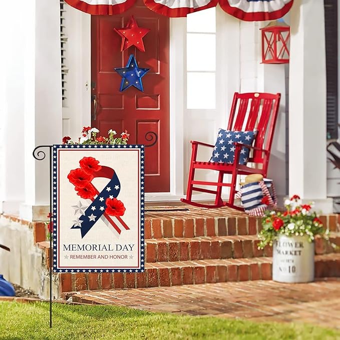 Memorial Day Garden Flag 12x18 Inch Double Sided Outside Remember and Honor Patriotic Flag for Stars and Stripes Ribbon Poppy for Veteran 4th of July Independence Day Yard Outdoor Decoration