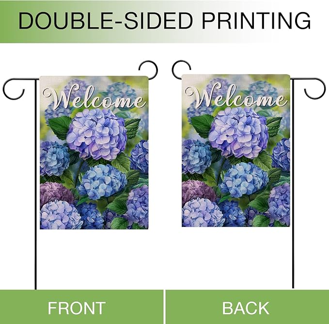 Hzppyz Welcome Spring Floral Flowers Garden Flag Double Sided, Hydrangea Decorative Yard Outdoor Home Small Decor, Summer Farmhouse Burlap Outside House Decoration 12 x 18