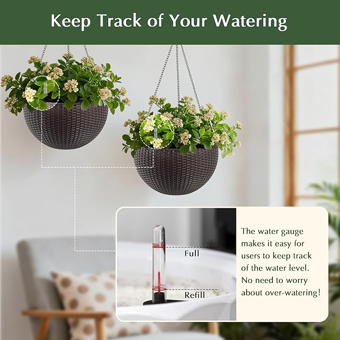 13.5 inch 2Pack Large Hanging Planters for Outdoor/Indoor Plants, Self Watering Hanging Pot with Water Level Indicato, Drainage Holes and Chain for Garden Porch, Brown