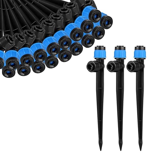 30 Pcs Drip Irrigation Emitters with Stake - Adjustable Vortex emitter for 1/4" Drip Line Irrigation Tubing - Drippers, Sprinkler Heads for Garden Watering System - Blue