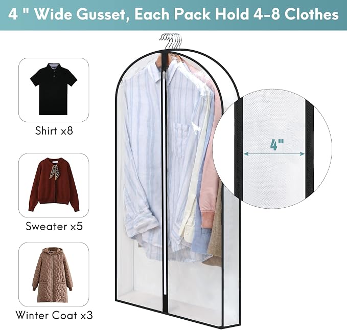 4 Pack - Dress Bags for Gowns Long W/ 4" Gussetes, 60'' Long Garment Bags for Gowns,Clear Garment Bags for Hanging Clothes, Dress Garment Bag for Storage and Travel - 24'' x 60''