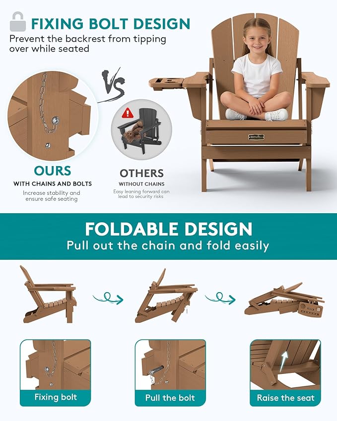 SERWALL Folding Adirondack Chair, Adirondack Chairs with 4 in 1 Multi-Functional Cup Holder, Wood-Like Patio Chair, Lawn Chairs, Weather Resistant HIPS Plastic Fire Pit Chair for Garden, Backyard