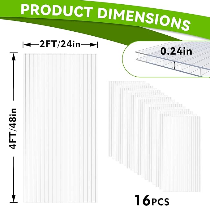 16 Pcs Polycarbonate Greenhouse Panels, 4’ x 2’ x 0.24” Polycarbonate Sheet, Twin-Wall Plastic Panels for DIY Cold Frame & Pergola Roof, Window, Wall