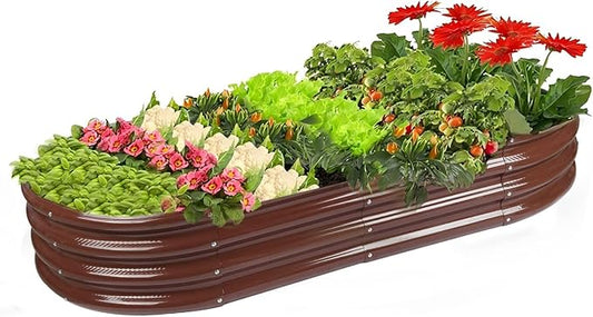 Rakukiri Raised Garden Bed GRS Certified Galvanized Planter Box Outdoor, 5ft Oval Rot-Resistant Metal Garden Bed Planter, Recycled Material Planter for Vegetables Flowers Herbs (Brown)
