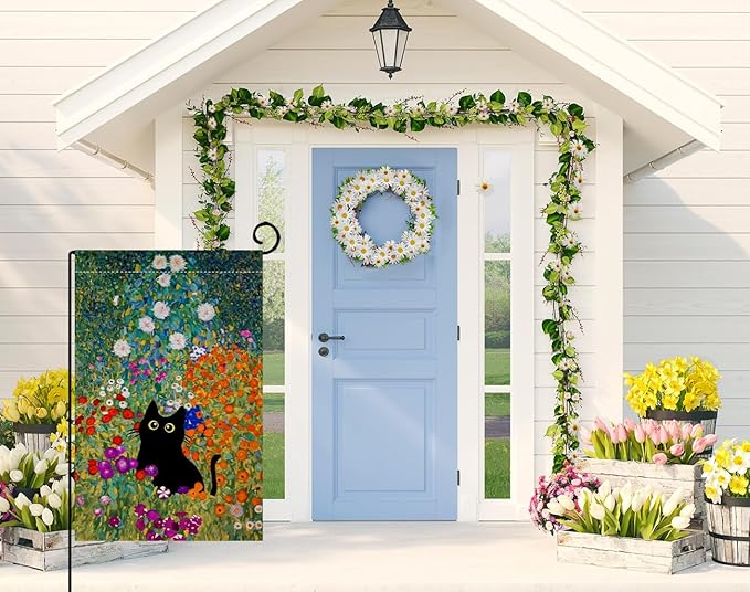BLKWHT Spring Cat Garden Flag 12x18 Vertical Double Sided Colorful Floral Farmhouse Holiday Outside Decorations Burlap Yard Flag BW571-12