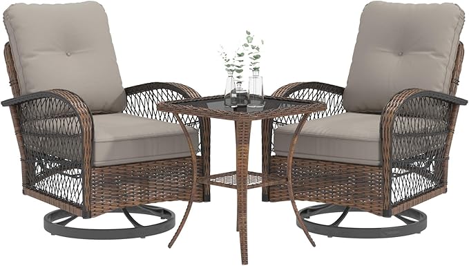 MELLCOM 3 Pieces Patio Furniture Set, Outdoor Swivel Rocker Patio Chairs, Wicker Patio Bistro Set with Rocking Chair, Thickened Cushions and Glass Coffee Table for Backyard, Garden, Grey
