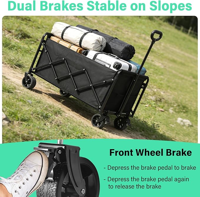 Folding Wagon Cart with All-Terrain Wheels – Heavy Duty Collapsible Utility Wagon for Grocery, Sports, Garden, Camping, Shopping (Black 500LBS)