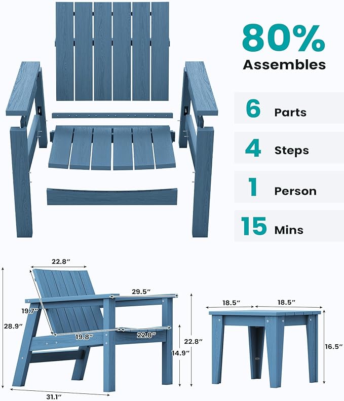 SERWALL Adirondack Chair Set, Includes Adirondack Chairs Set of 2 and 1 Piece Outdoor Side Table, HDPE Bistro Set- Blue