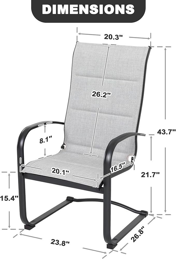 NUU GARDEN Patio Dining Chairs Set of 2, All-Weather Padded Textilene Chairs with Spring Motion and High Back, Breathable Outdoor Dining Chairs for Backyard Lawn Deck, Gray