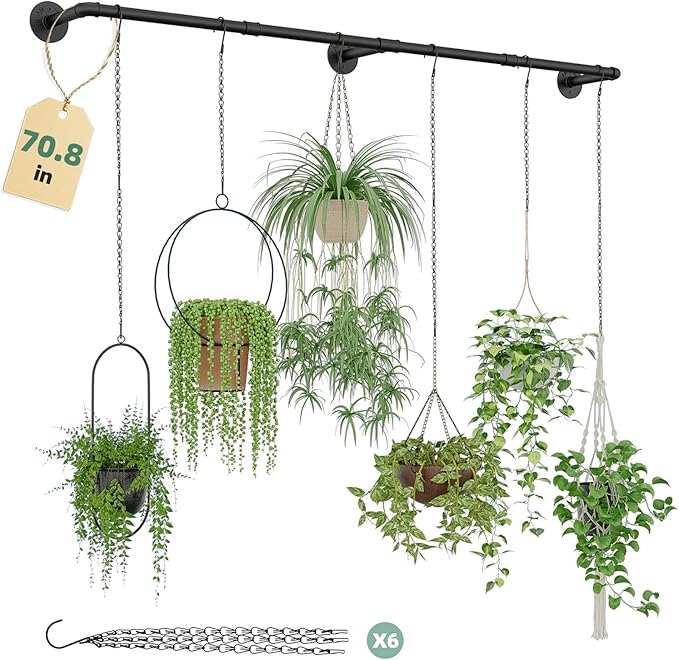 Galood Plant Hanger Indoor with 6 Hanging Chains Hanging Planters for Indoor Plants Hanging Plant Holder Window Plants Rod Black Metal Shelves(70.8 Inch Pot not Included