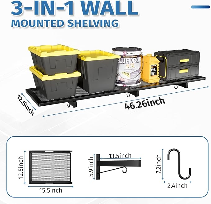 Garage Wall Shelving,46"X 12.5" Garage Shelving Wall Mounted,Heavy Duty Garage Storage Rack with 4 Hooks,160 LBS Capacity,Black Metal Floating Organizer Shelves for Warehouse (1)