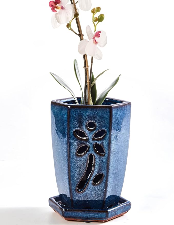 vensovo 4 Inch Ceramic Orchid Pot with Holes and Saucer, 1 Pc Small Hexagon Succulent Planter for Repotting, Garden Flowerpot for Indoor Outdoor Plants, Promotes Air Circulation (Blue)