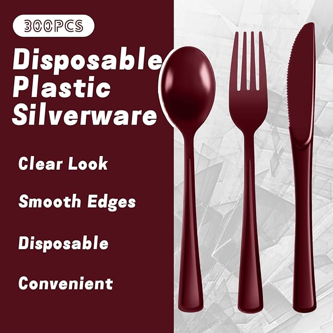Plastic Silverware 300 PCS Disposable Silverware Heavy Duty Utensil Sets 100 Of Each Forks Knives & Spoons Disposable Cutlery Set For Easter,Birthday,Baby Shower,Garden Party,Wedding(300,Burgundy)