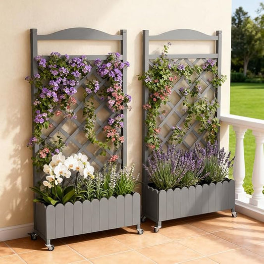 COMHOMA 2 Pack Raised Garden Bed with Trellis and Wheels,48Inch Elevated Planter Box with Drainage Holes,Lattice Privacy Screen for Climbing Plants Vegetables,Outdoor for Patio Balcony Yard,Gray