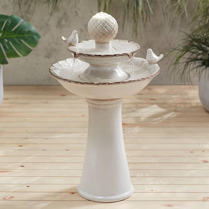 Bathing Bird 26 3/4" High Large Italian Outdoor Cottage Core Decor Cream Ceramic Floor Fountain with Light LED Waterfall 2-Tier Standing Basin Water Feature for Outside Garden Patio - John Timberland