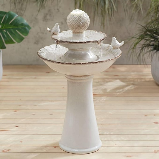 Bathing Bird 26 3/4" High Large Italian Outdoor Cottage Core Decor Cream Ceramic Floor Fountain with Light LED Waterfall 2-Tier Standing Basin Water Feature for Outside Garden Patio - John Timberland
