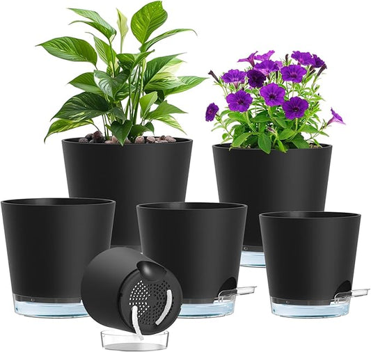Meowell Self Watering Pots Pack of 6 – Different Size 4" to 7" Indoor Plant Pots with Drainage Holes and Clear Reservoir for Visible Water Level, Plastic Wicking Planters for House Plants, Black