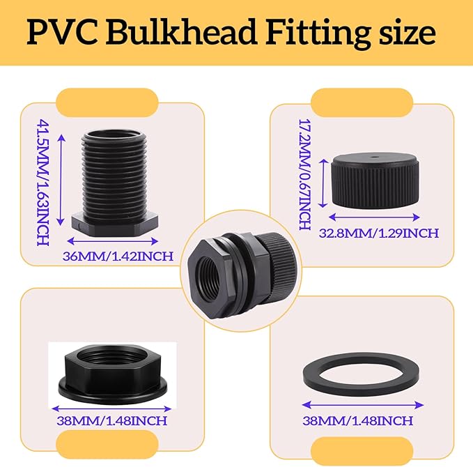 PVC Garden Hose Bulkhead Fitting With Plug, 1/2" Female NPT, 3/4" Male GHT (garden Hose Thread), For Rain Barrels, Aquariums, Sinks，6 Pack……