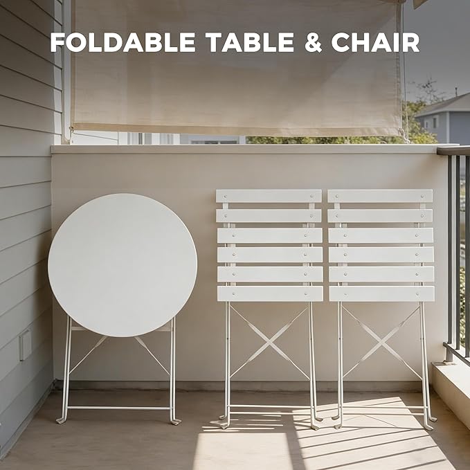 Grand patio 3-Piece Folding Bistro Set, 2 Chairs and 1 Table, Weather-Resistant Outdoor/Indoor Conversation Set for Patio, Yard, Garden-White