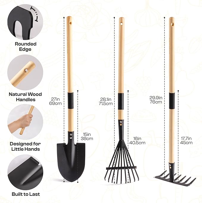 ROBUD Kids Gardening Tools Outdoor Toys Set Backyard Play with Kids Wheelbarrow-9pcs Metal Toddler Wheelbarrow, Garden Tools, Watering Can, Plant Labels for Ages 3+ (Grayish White)