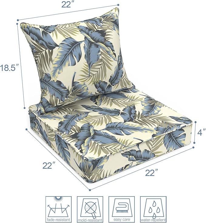 LVTXIII Outdoor Deep Seat Cushion 22"x22"x4" Patio Seat and Back Cushion Set Seasonal Chair Cushion for Dining Arm Chairs, Wicker Chairs and Garden Furniture Decoration, Lush Palm Blue