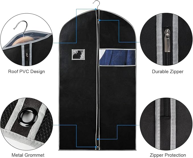 Syeeiex 40 Inch Suit Bag, Suit Bags for Closet Storage, Black, Set of 8