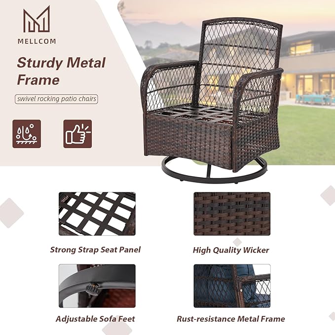 MELLCOM 3 Piece Patio Set, Outdoor Swivel Rocker Patio Chairs with Thick Cushions and Glass Table for Balcony Front Porch Poolside Garden Deck, Blue