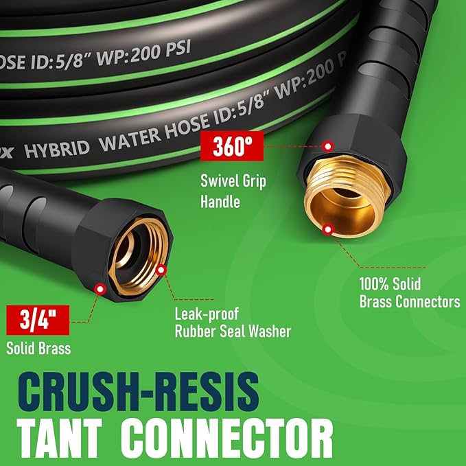 Non-Expandable Garden Hose 10ft, Lightweight Flexible Hose, Kink Resistant, Solid Fittings, 5/8 Inch, 600 PSI, Ideal for Balcony, Patio, Pet Bathing
