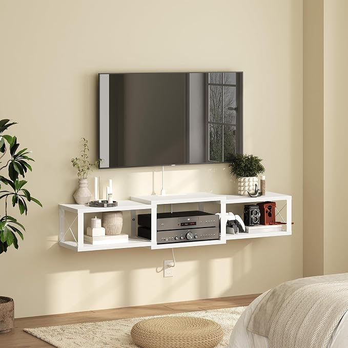MAHANCRIS 43.7” Floating TV Stand with Power Outlet, Wall-Mounted Entertainment Center, Floating Metal Frame Media Console Shelf for Under TV Storage, for Living Room, Bedroom, White TVBW101E01