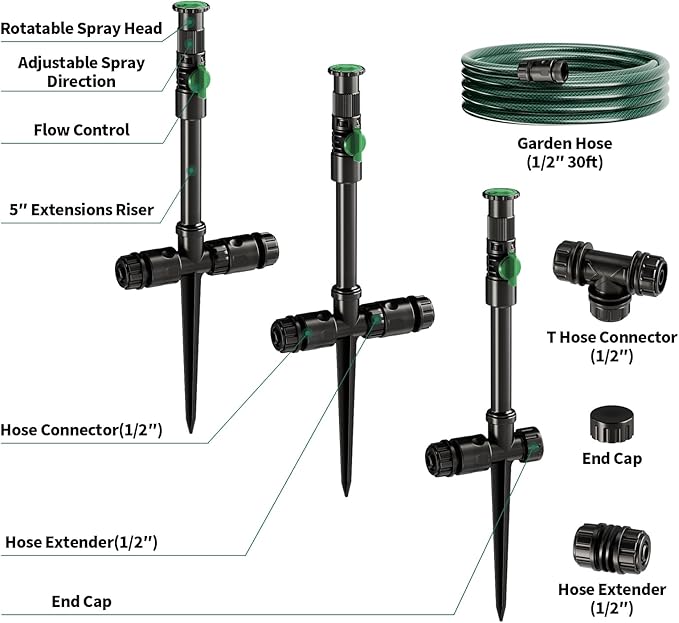Flexible Sprinkler System, Above Ground DIY Irrigation Kit, Multi-Adjustable Lawn Sprinkler Set, Ideal for Plant and Flower Bed Watering, 30ft Garden Hose Included