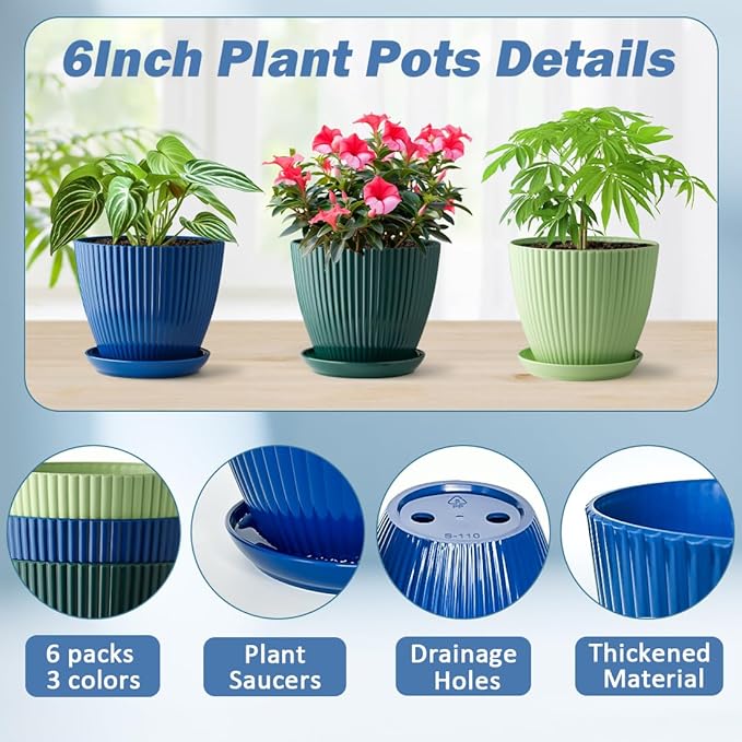 RooTrimmer 6 Inch Plant Pots, Plastic Flower Pots for Indoor Outdoor Plants, Planters with Drainage Holes and Tray Saucers, Cute Succulent Pots Durable and Light Weight (6 Pack)