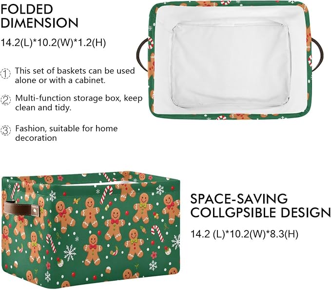 Christmas Gingerbread Man Storage Basket with Waterproof Liner and PU Handles Green Winter Cane Candy Snowflake Storage Boxes 14.2" Collapsible Decorative Organizer Baskets for Bedroom Closet 2 Pack