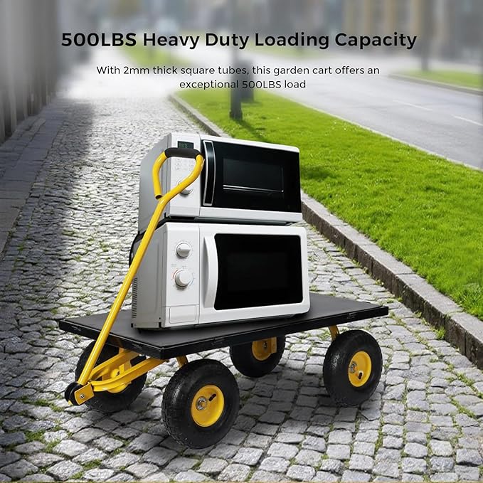 SUNNYFEEL 500 Lbs Capacity Heavy Duty Mesh Steel Garden Cart,Folding Utility Cart with Removable Side Nets, Non-Slip Rubber Base, Black & Yellow,Upgraded Version