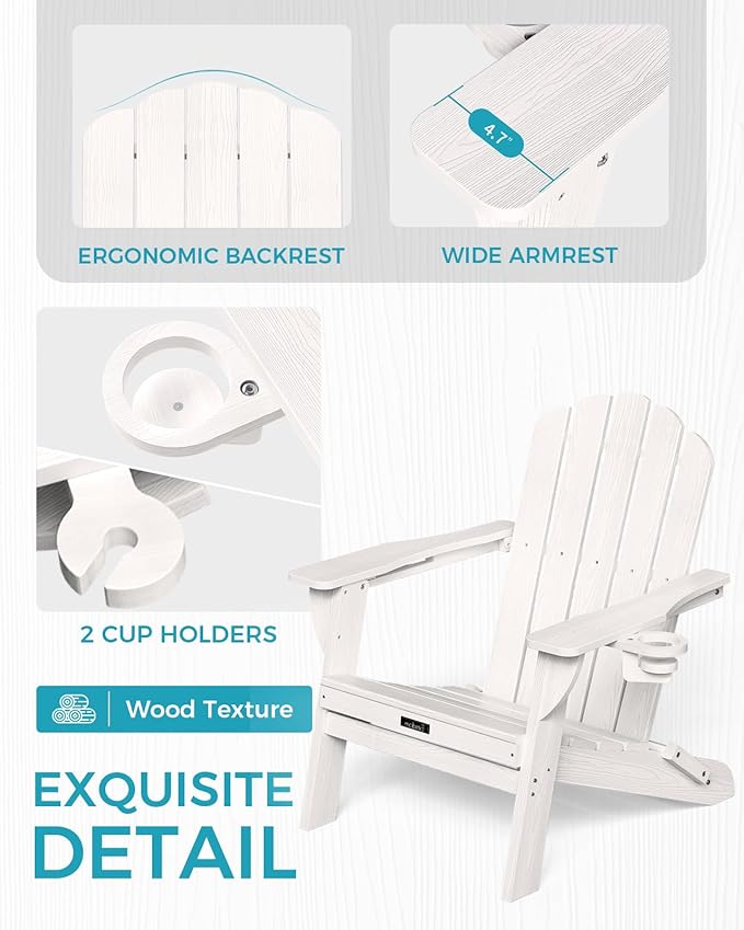 Folding Adirondack Chair, HDPE Adirondack Chair with 2 Cup Holders, Pre-Assembled Outdoor Fire Pit Chairs for Patio, Garden, Poolside, White