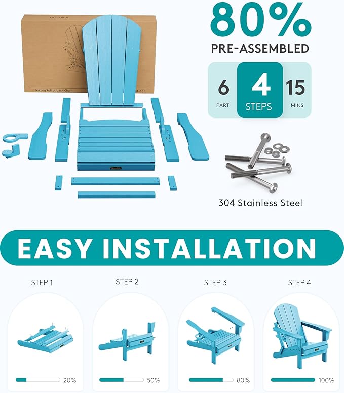 SERWALL Foldable Adirondack Chair Set of 4, Weather Resistant HIPS Patio Chairs with Cup Holder for Patio Garden Outdoors- Aruba Blue
