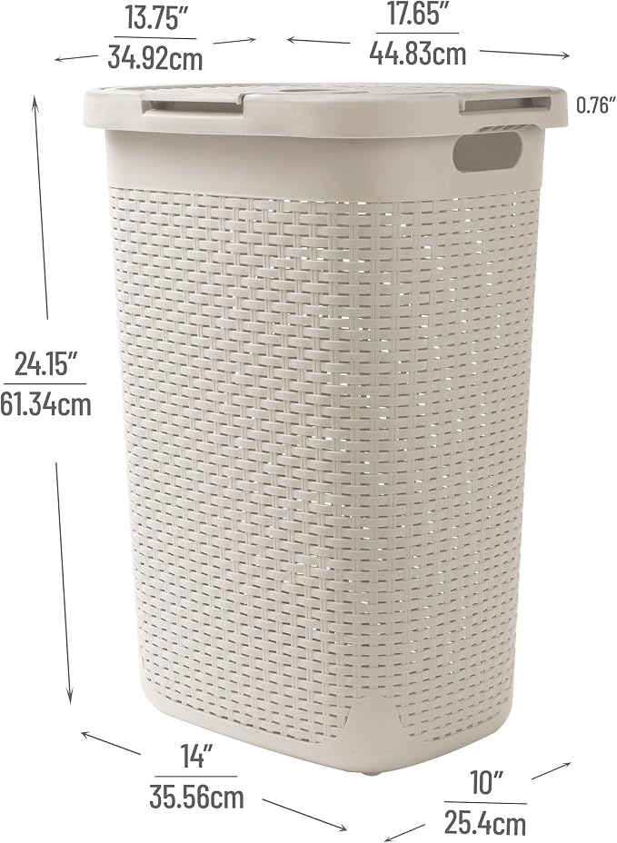 Mind Reader Slim Laundry Hamper with Lid, 60L Tall Clothes Basket, Narrow Tapered Design for Bathrooms, Closets and Laundry Rooms, Plastic, Ivory