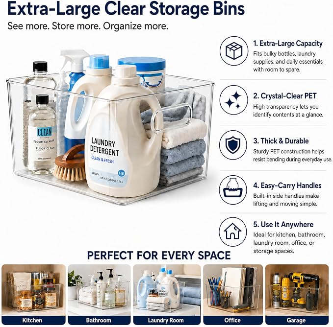 MOONEDGE 4 Pack Extra Large Clear Plastic Storage Bins 13x10x8in Organizers