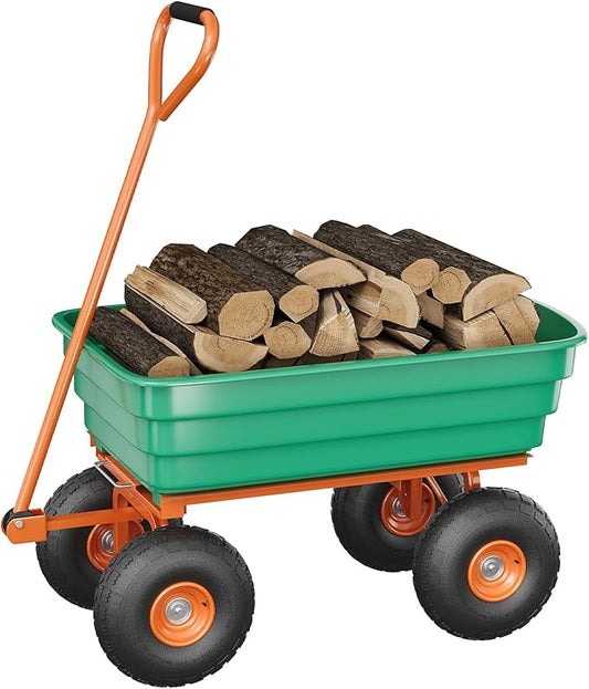 Garden Dump Cart, 1200 Lb Capacity Heavy Duty Utility Cart, Wheelbarrow with 180° Pivot Handle for Yard, Lawn & Gardening(Green+Orange)