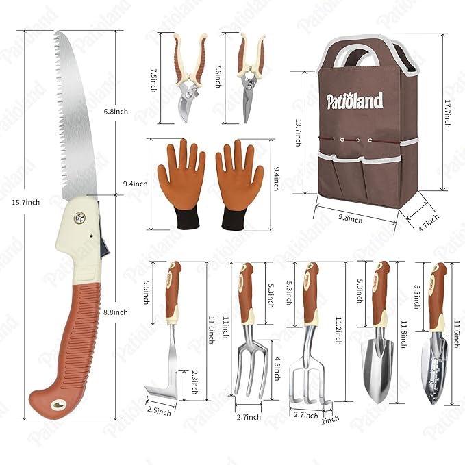 10-Piece Garden Tool Set, Brown Gardening Hand Tools Kit with Ergonomic Non-Slip Handles, Heavy Duty Rust-Proof Aluminum Tools, Organizer Tote Bag & Gloves, Ideal Gardening Gifts for Women and Men