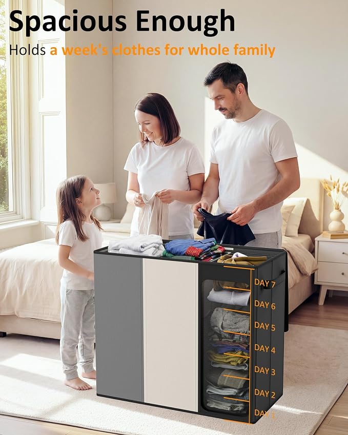 Optish 180L Laundry Hamper 3 Section, Large Hamper with Mesh Bags & Lid | Detachable 3 Inner Bags, Extra Large Laundry Basket Organizer for lots of Clothes, Pants, Bedroom, Bathroom, Load 50 lbs