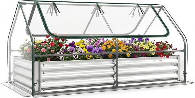 Happygrill Raised Garden Bed with Cover, Galvanized Planter Boxes Outdoor w/Mini Greenhouse, 2 Roll-up Windows & Open-Ended Base, Metal Growing Raised Bed for Vegetables (Silver, 72” x 36” x 37”)