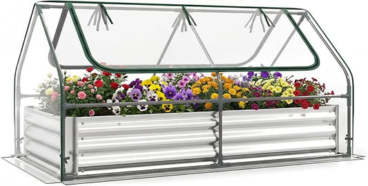 Happygrill Raised Garden Bed with Cover, Galvanized Planter Boxes Outdoor w/Mini Greenhouse, 2 Roll-up Windows & Open-Ended Base, Metal Growing Raised Bed for Vegetables (Silver, 72” x 36” x 37”)